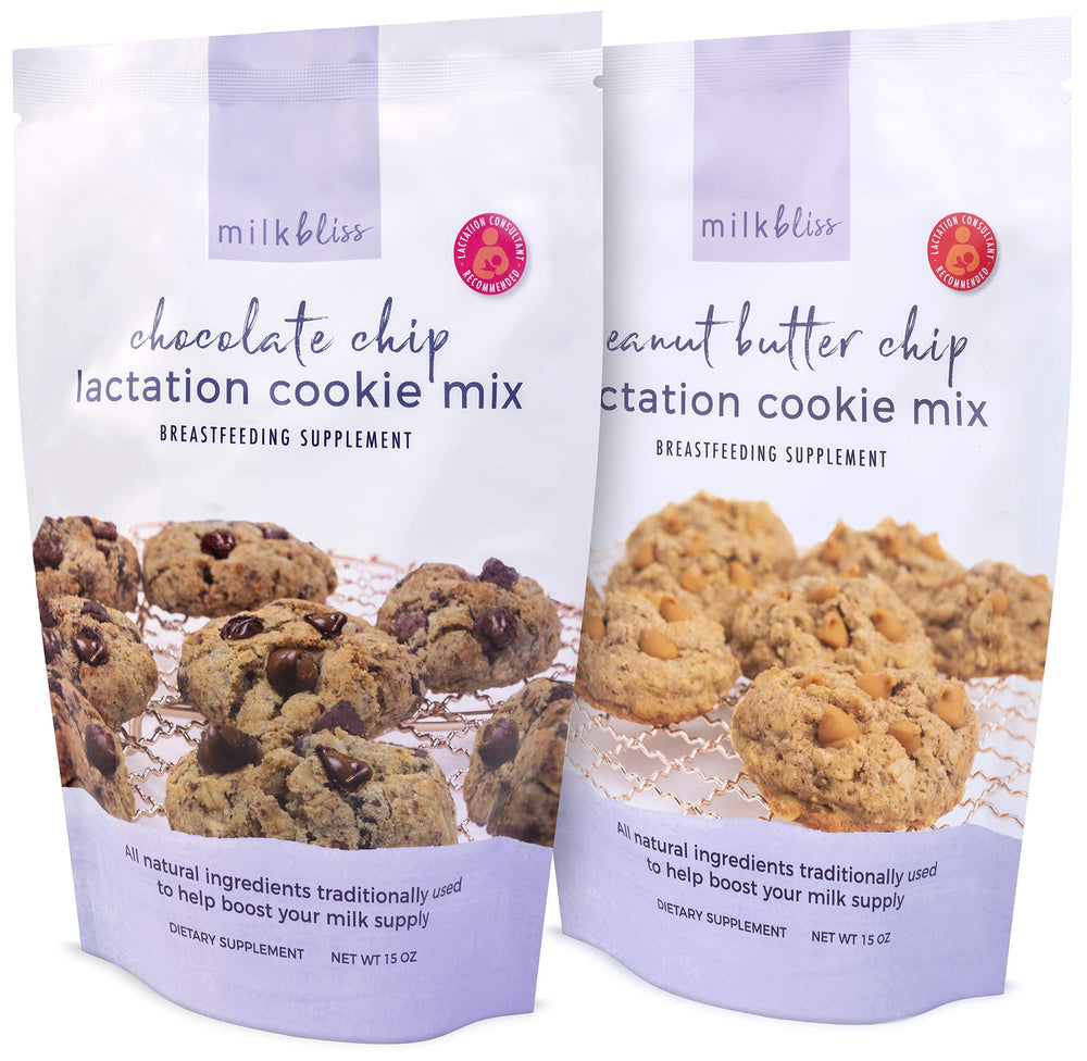 MilkBliss lactation cookie mix with dark chocolate chips; a delicious way to support nursing sessions.