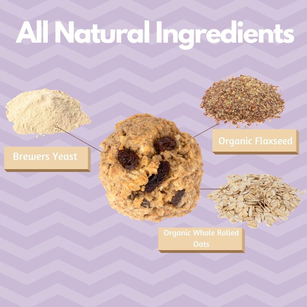 MilkBliss Lactation Cookies ingredients with oats and flaxseed displayed.