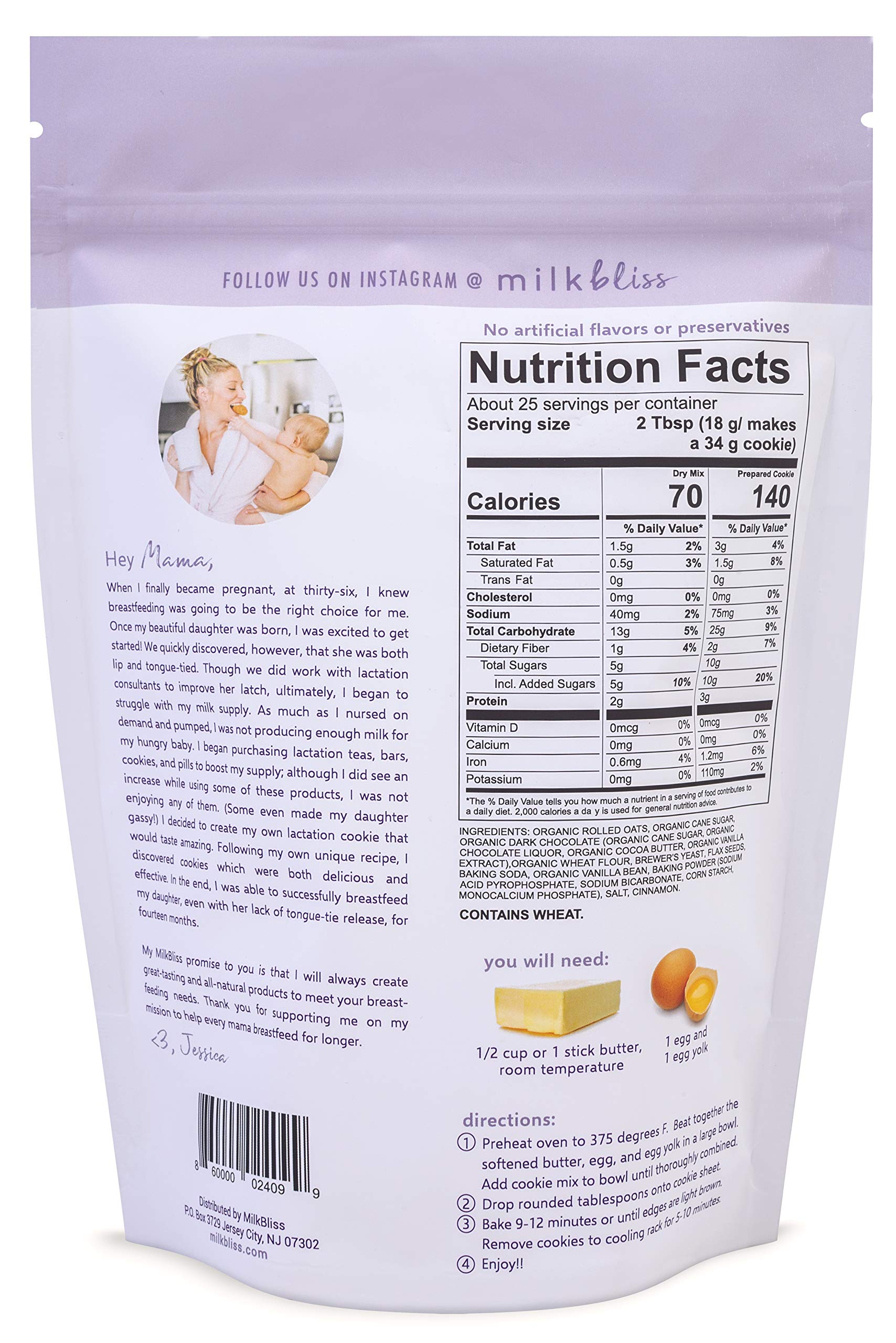 MilkBliss oat-based cookie mix ingredients showing wholesome oats and flaxseed.