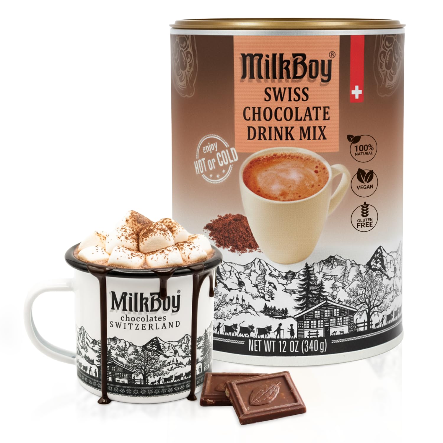 MilkBoy dairy-free hot chocolate can showing premium Swiss flavor and velvety texture.