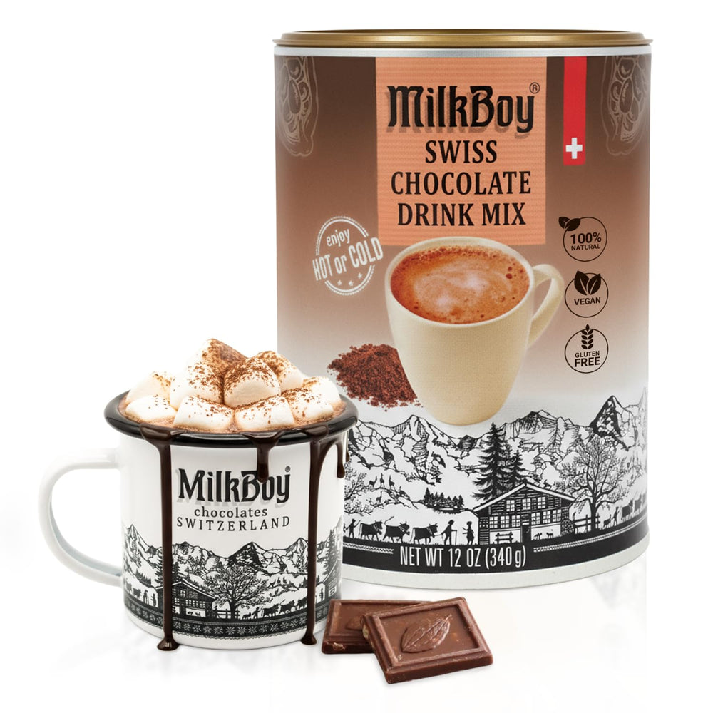 MilkBoy dairy-free hot chocolate can showing premium Swiss flavor and velvety texture.