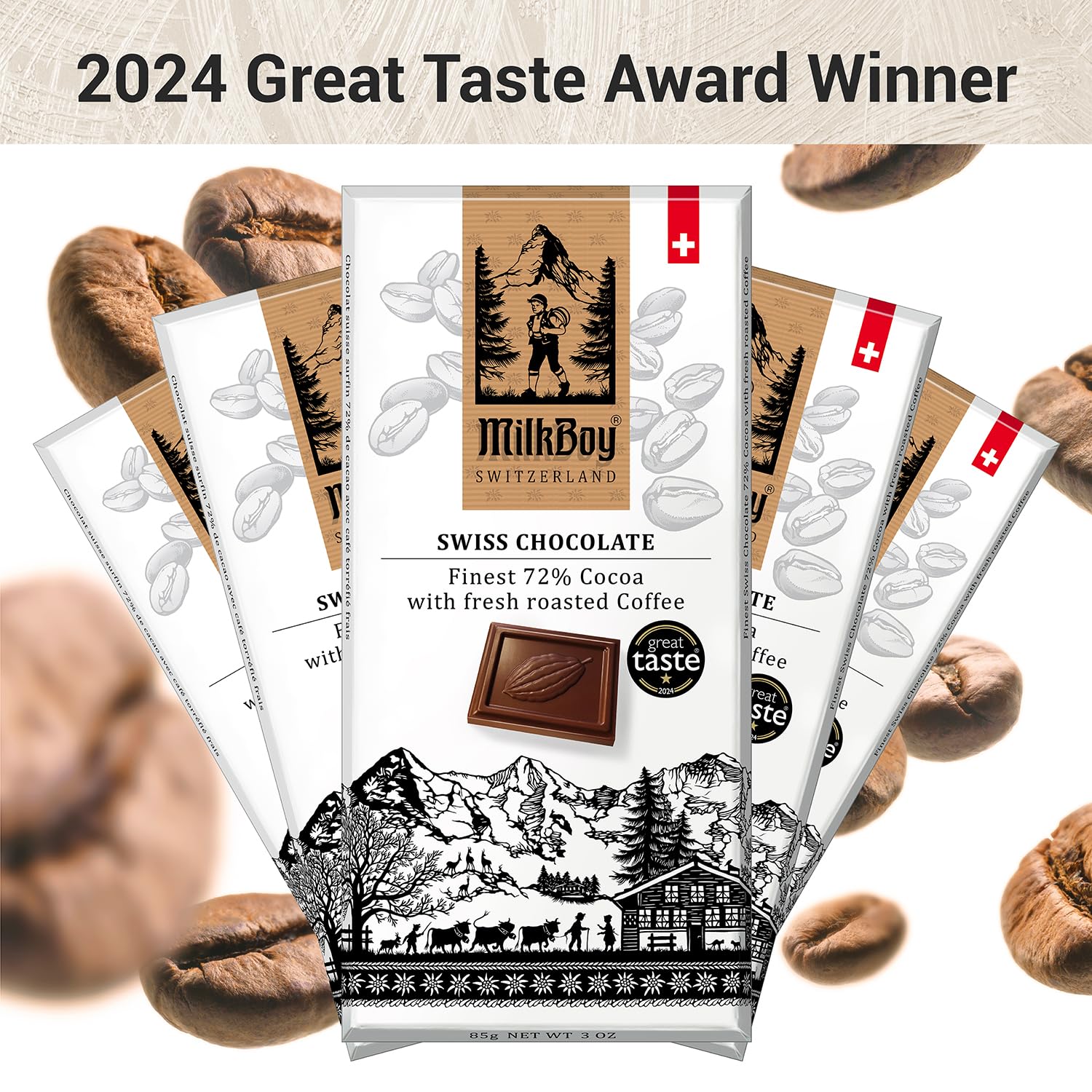MilkBoy embossed chocolate designs on the 72% cacao bar