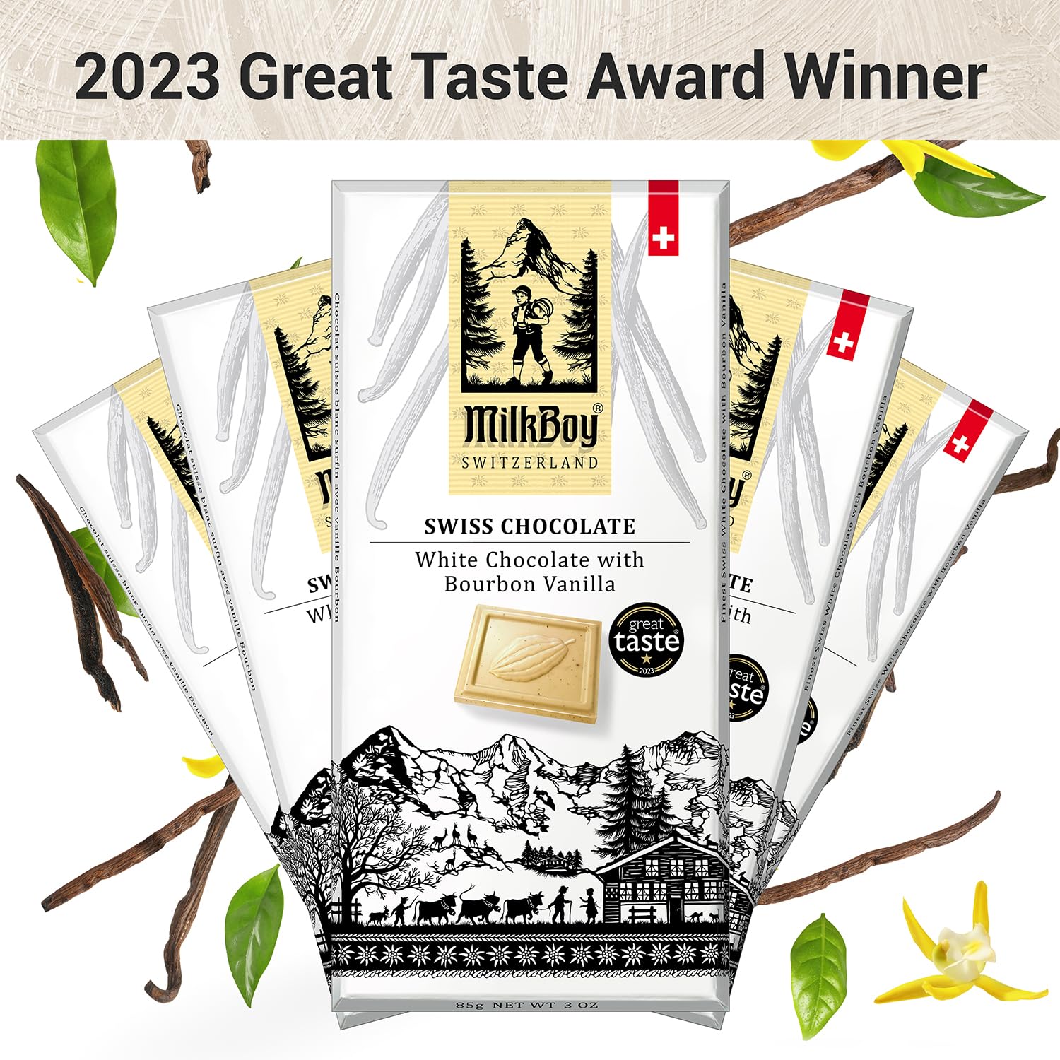 MilkBoy white chocolate bar features embossed design for premium gifting.