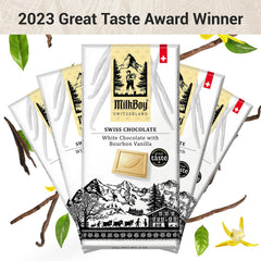 MilkBoy white chocolate bar features embossed design for premium gifting.