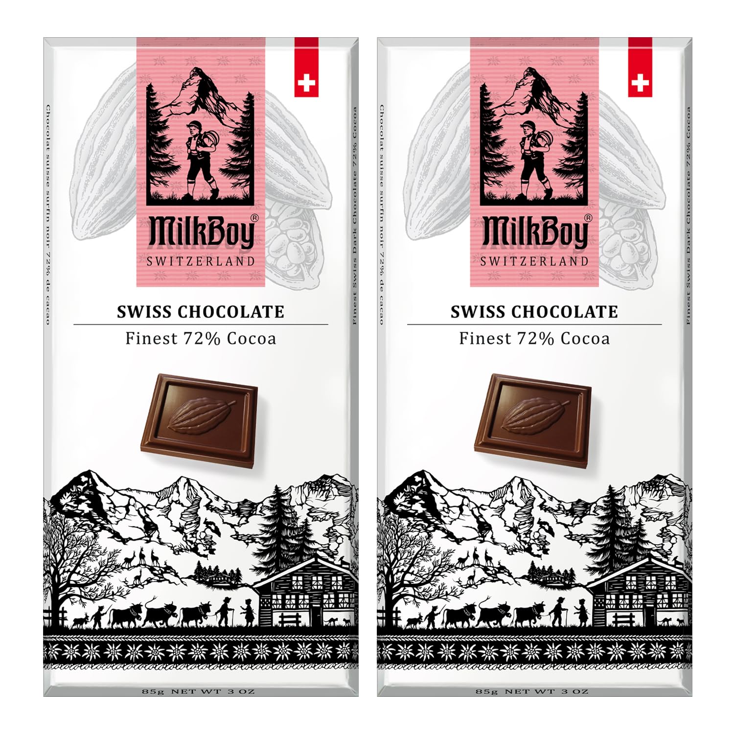 MilkBoy Swiss Chocolates 72% cacao bar with rich, refined flavor.