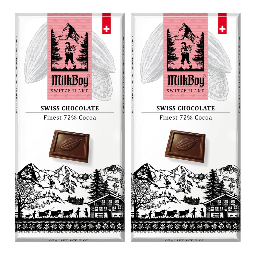 MilkBoy Swiss Chocolates 72% cacao bar with rich, refined flavor.
