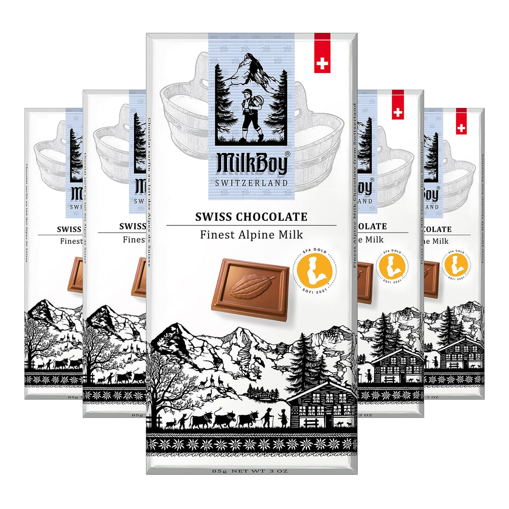 MilkBoy Swiss Chocolates Alpine Milk Bar Pack 5 cover highlights premium, smooth Swiss chocolate