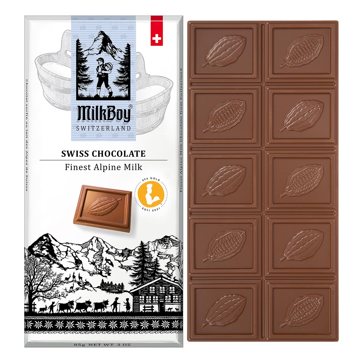 MilkBoy Swiss Chocolates bar close-up shows creamy milk texture for a smooth melt.