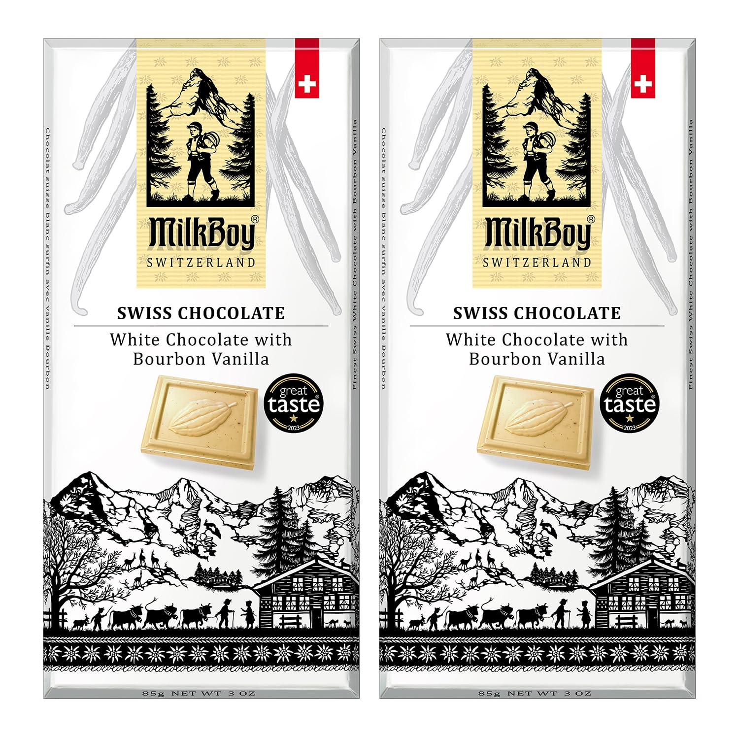 MilkBoy Swiss Chocolates white bar with bourbon vanilla for premium snacking.