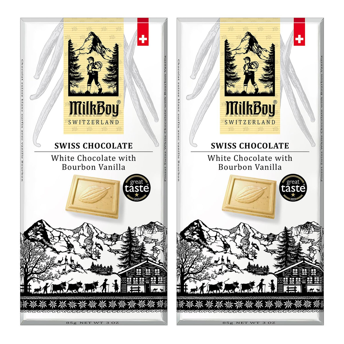 MilkBoy Swiss Chocolates white bar with bourbon vanilla for premium snacking.