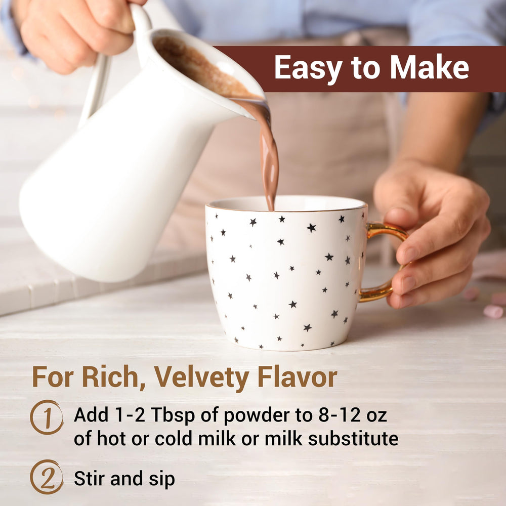 MilkBoy vegan hot chocolate mix provides dairy-free indulgence in every cup.