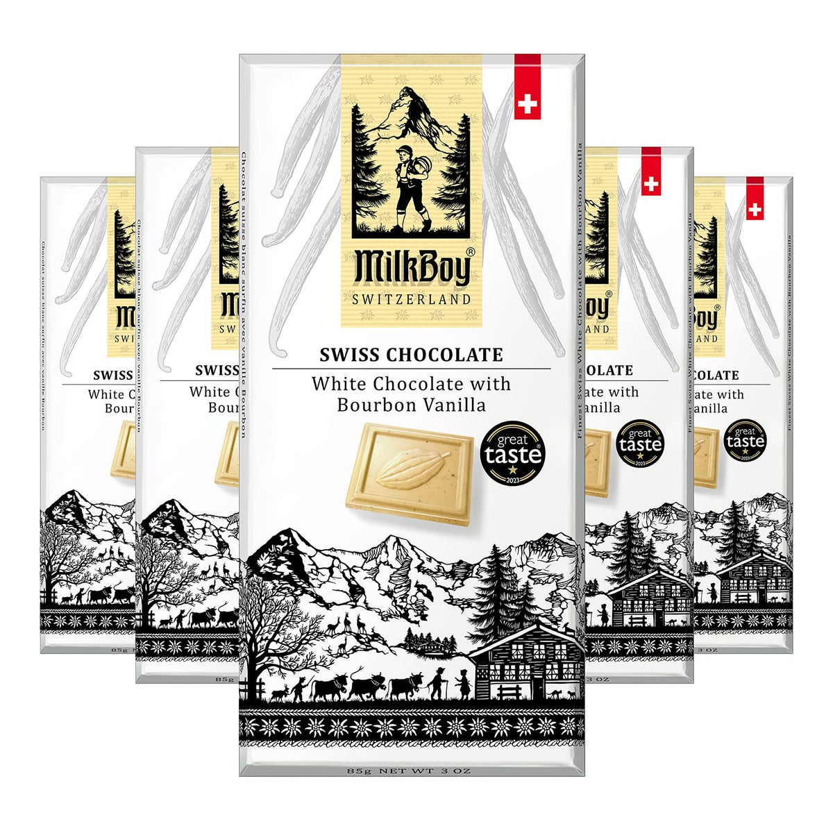 MilkBoy Swiss Chocolates white chocolate bourbon vanilla bar aroma for dessert pairing.