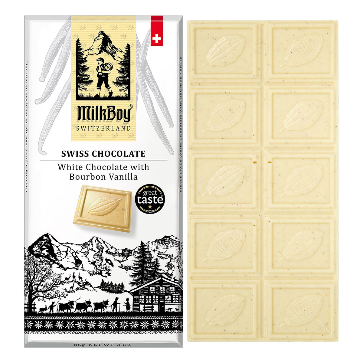 MilkBoy White Chocolate Bourbon Vanilla bar showcases rich flavor for a gourmet treat.