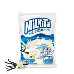 Milkita Creamy Vanilla Milk Candy bag front, creamy vanilla flavor for on-the-go snacking.