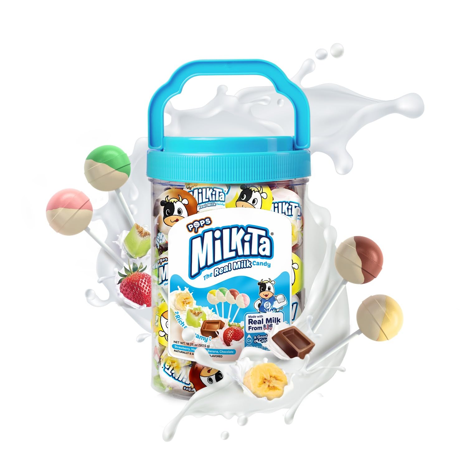 Milkita Real Milk Candy Lollipop Jar front, nostalgic treat for sharing.