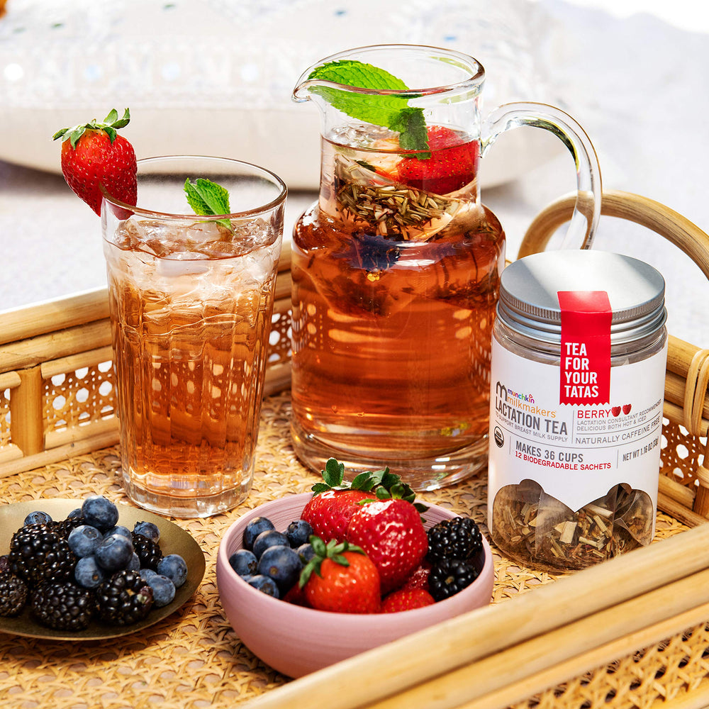 Cup of warm Milkmakers Munchkin Lactation Tea Berry.