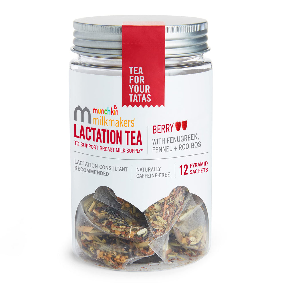 Milkmakers Munchkin Lactation Tea Berry packaging emphasizes organic and caffeine-free formula.