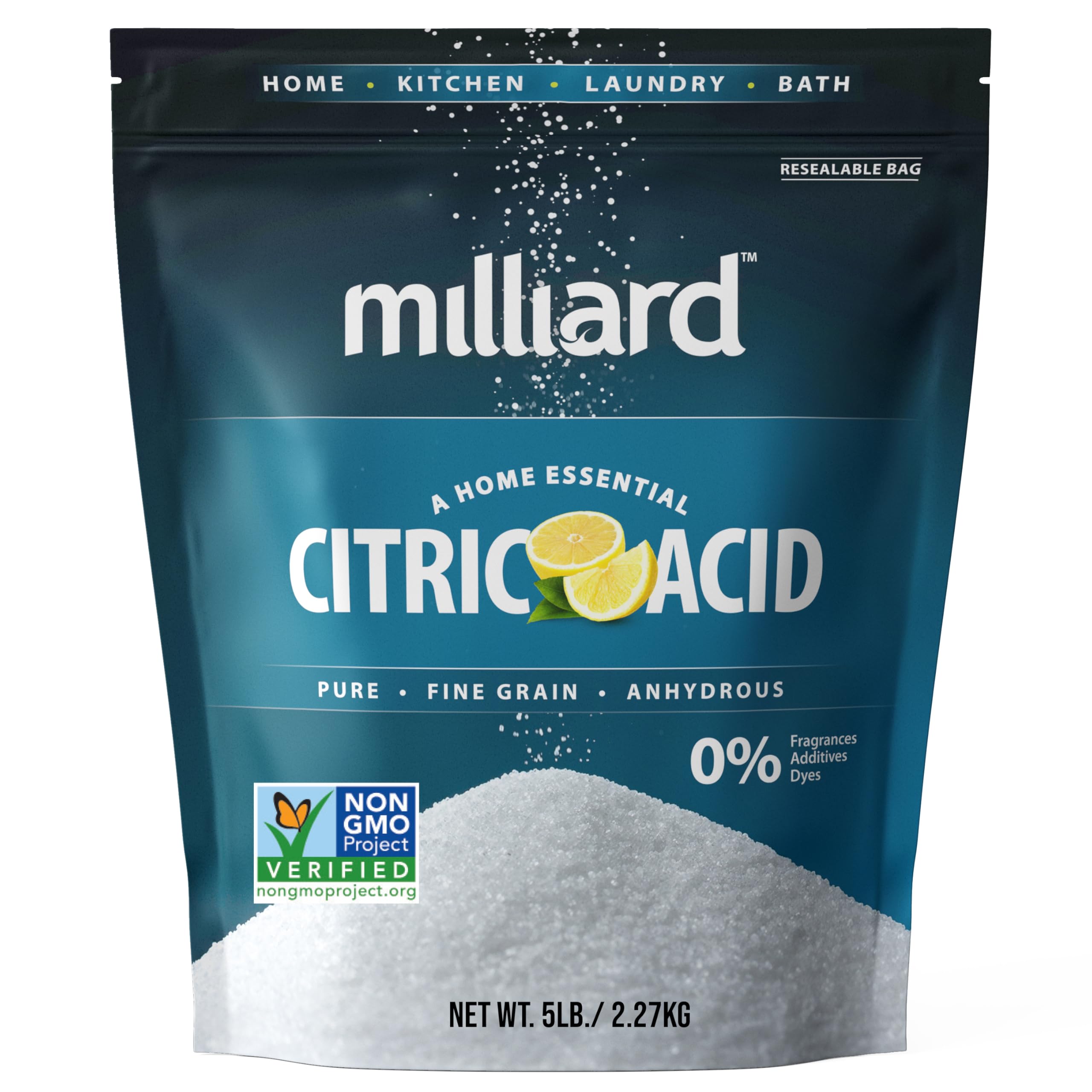Milliard Citric Acid 5 lb bag on shelf showing resealable packaging for long-term storage