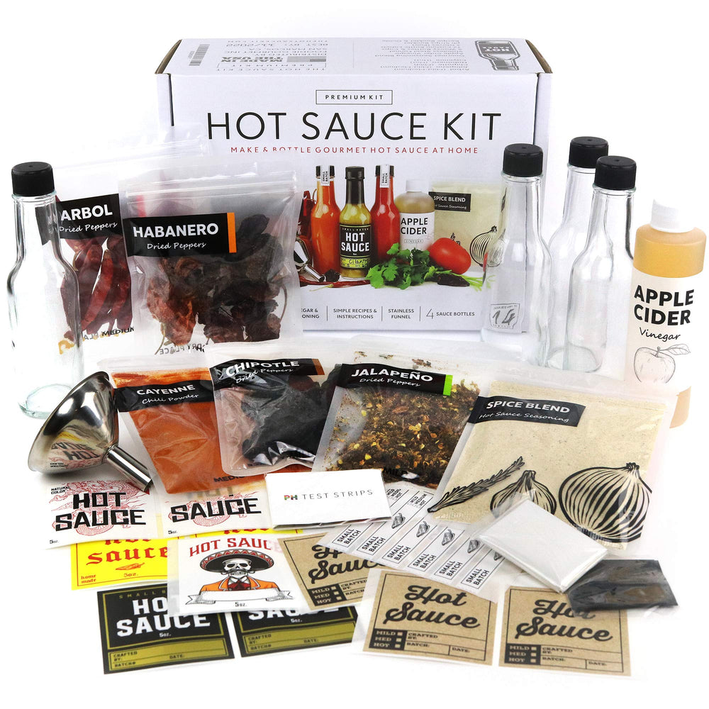 Millhouse Spice Co Premium Hot Sauce Kit shows five peppers for customizable heat and flavor.