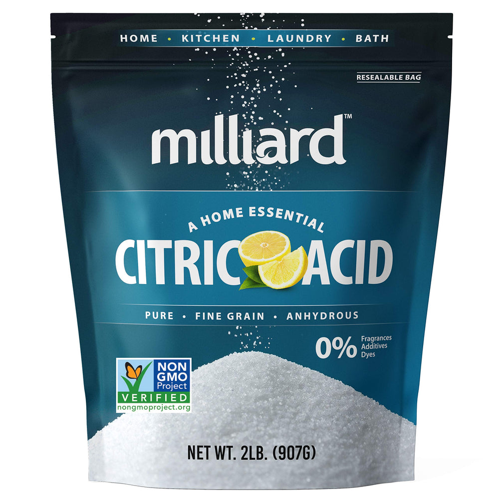 Milliard citric acid powder in a 2 lb bulk bag for culinary and cleaning tasks.