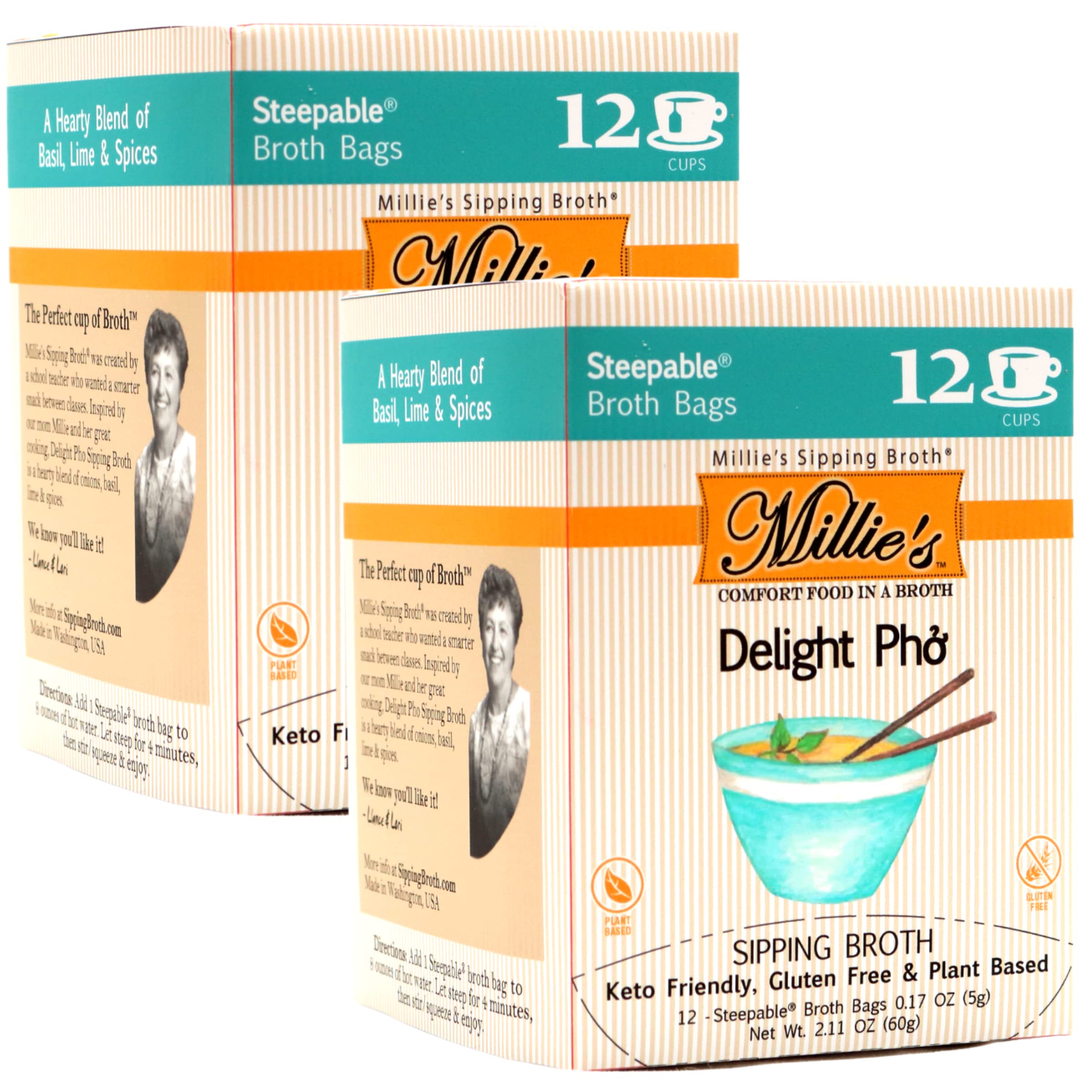 Millie's Sipping Broth box front highlights vegan, gluten-free vegetable broth for keto-friendly meals.