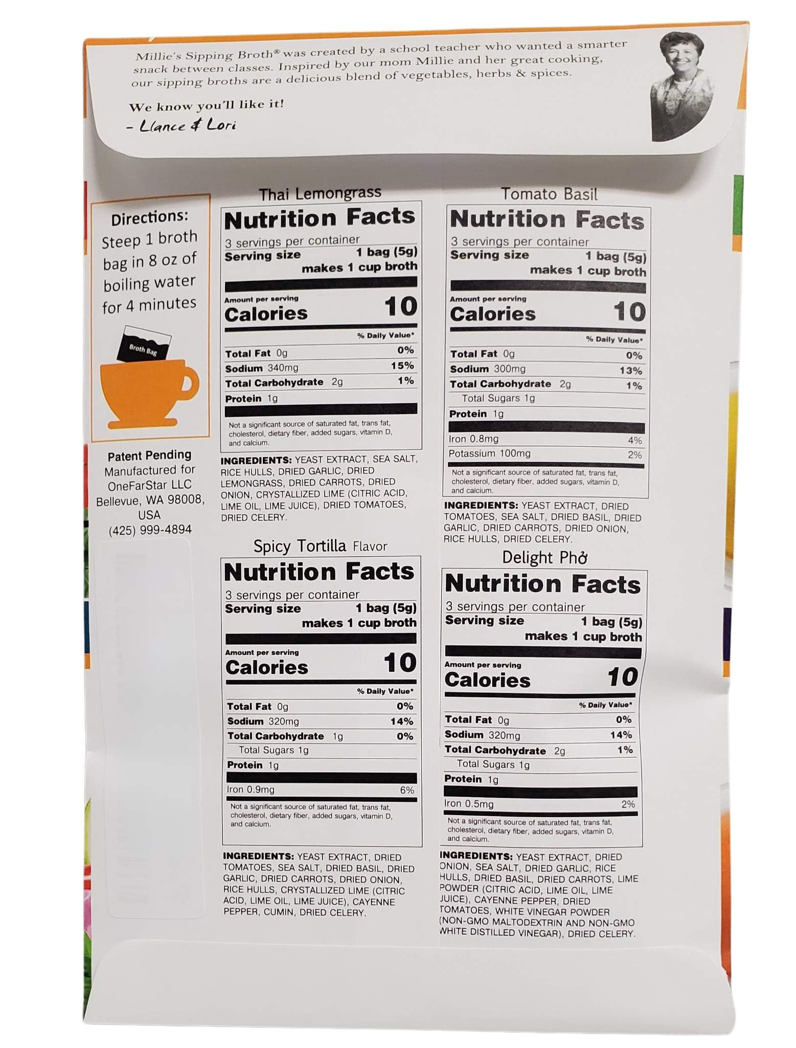 Savory-seasonings sachet from Millie's Sipping Broth adds rich flavor during a quick snack.