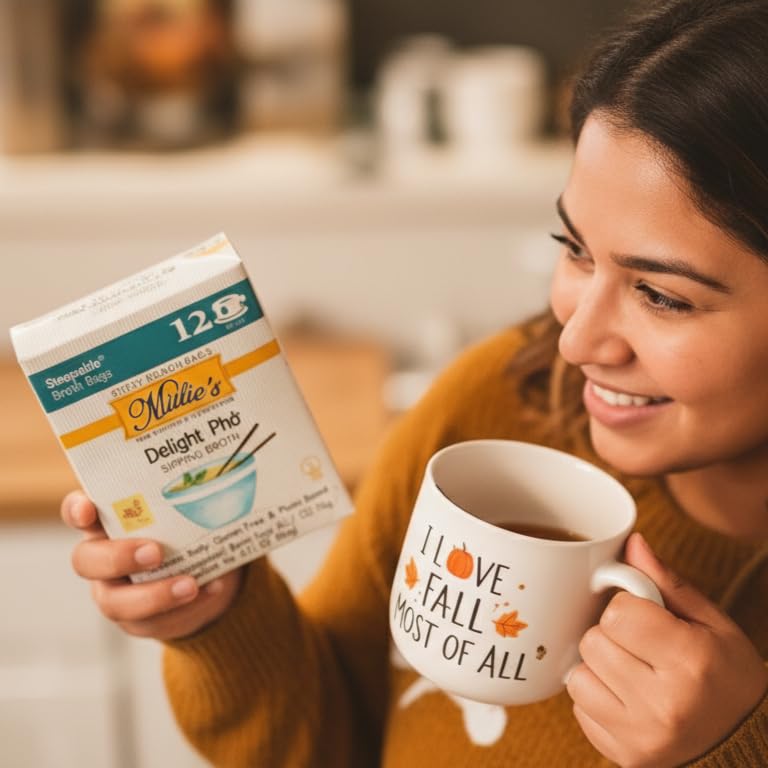 Millie's Sipping Broth packaging open reveals powder you can mix for plant-based stock.