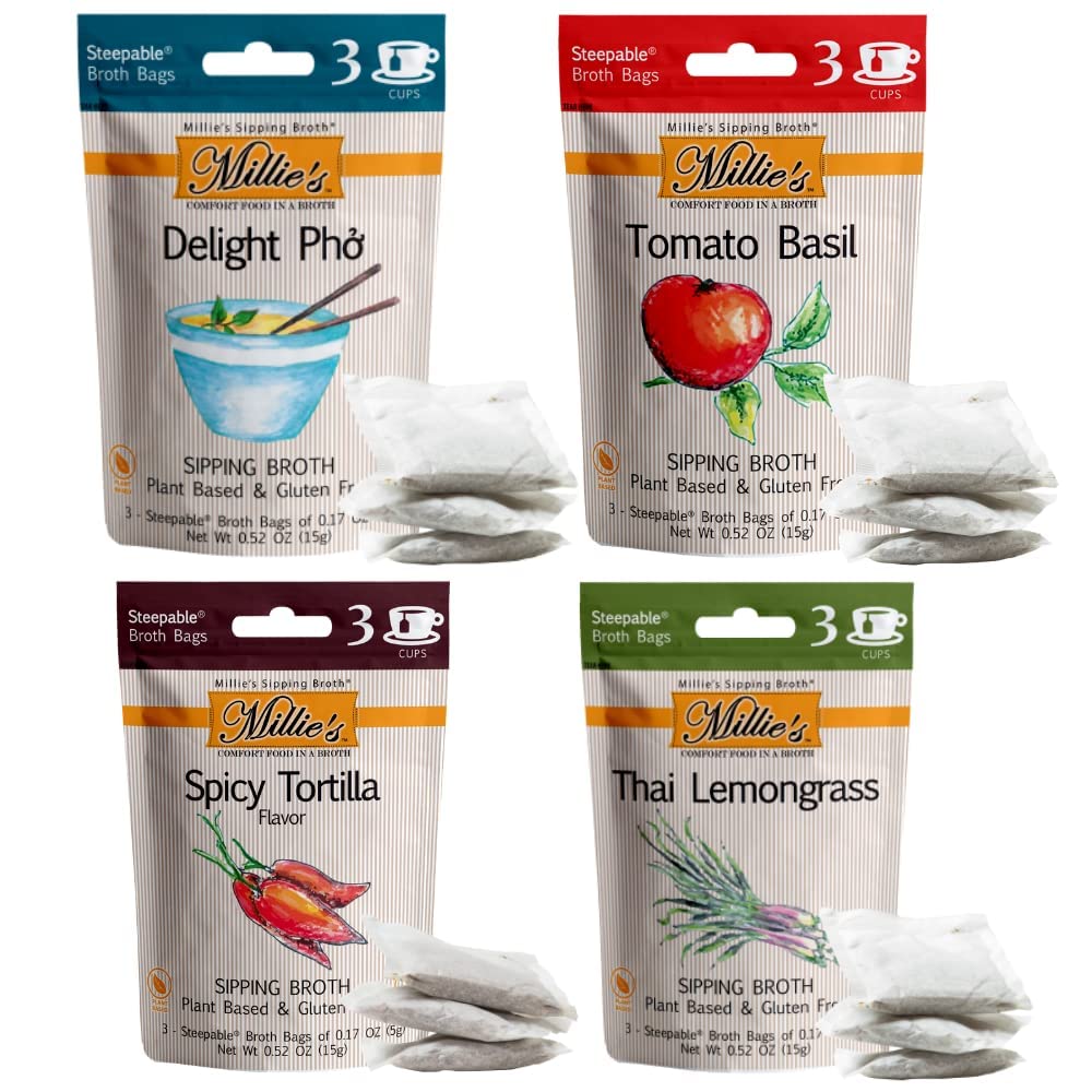 Convenient steepable packs from Millie's Sipping Broth for fasting-friendly sipping moments.