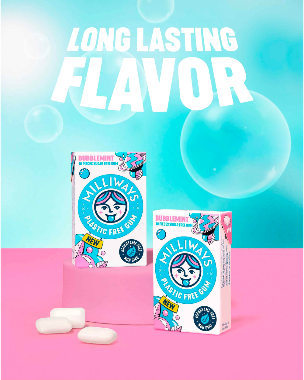 Milliways Bubblemint natural fruit and mint blend delivers nostalgic flavor.