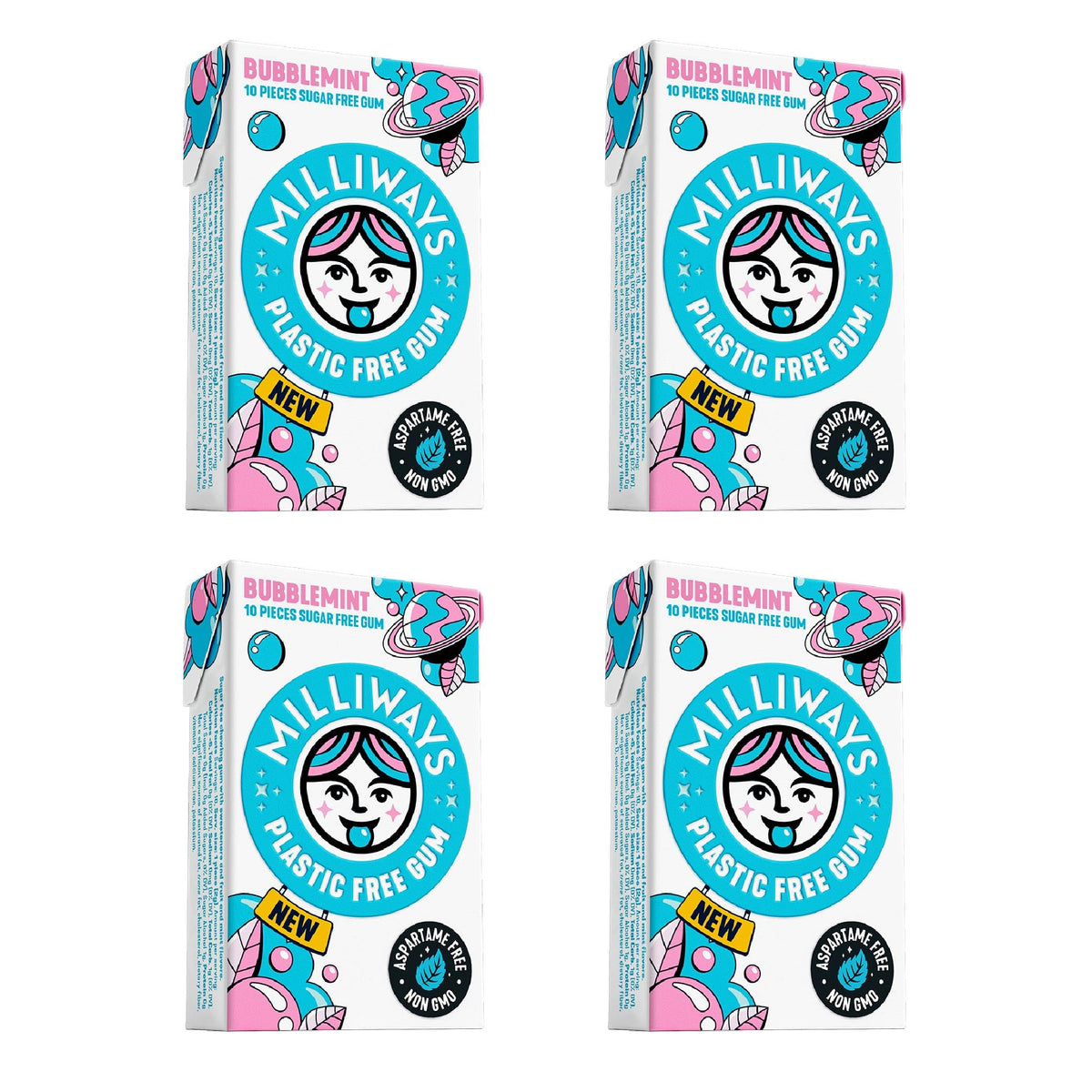 Milliways Bubblemint packaging shown, plastic-free design supports eco-friendly choices.