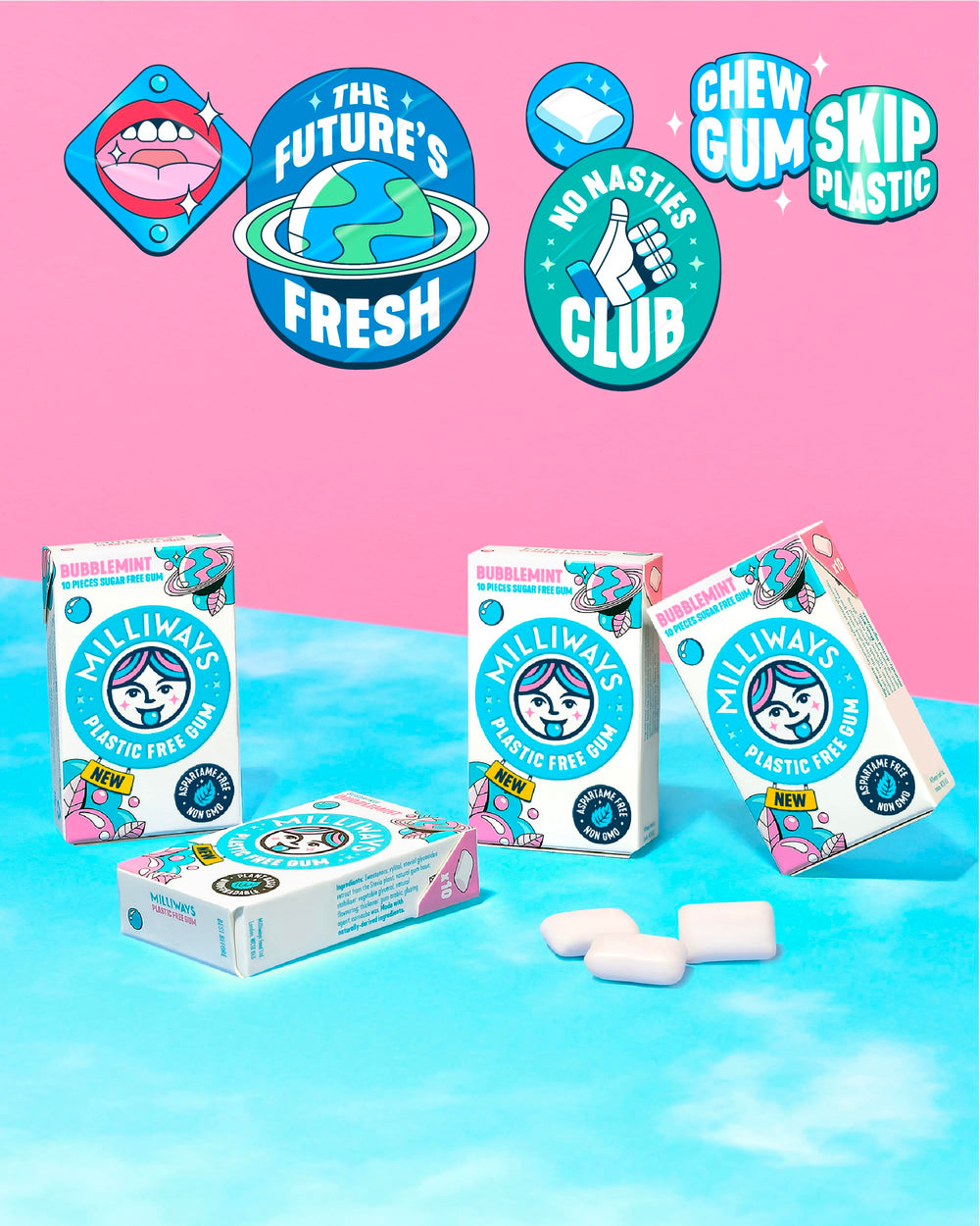 Milliways Bubblemint plant-based gum base emphasizes sustainable, plastic-free chewing.