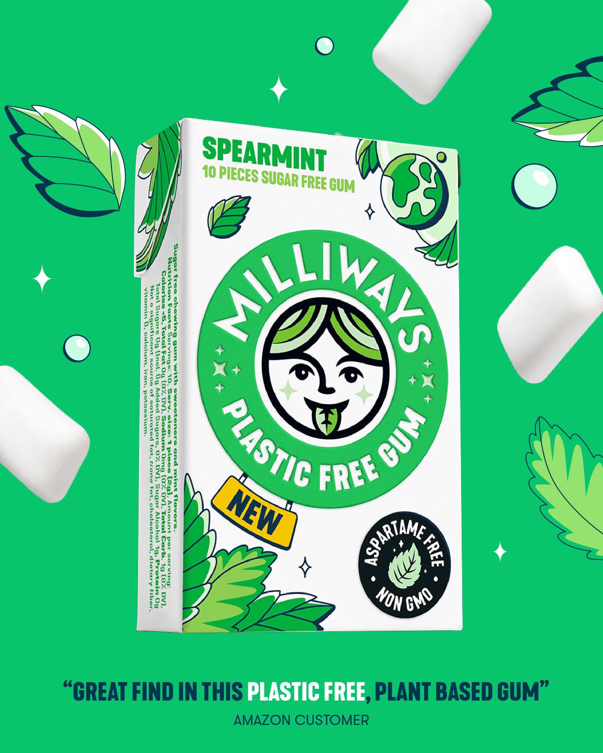 Milliways Spearmint Gum bars closeup highlights natural flavor and plant base.
