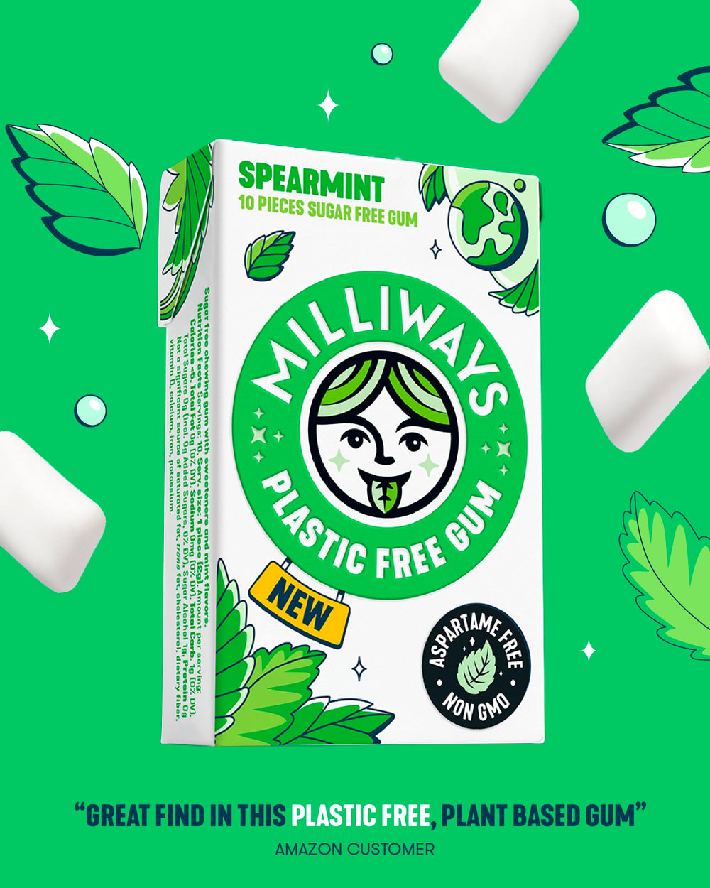 Milliways Spearmint Gum bars closeup highlights natural flavor and plant base.