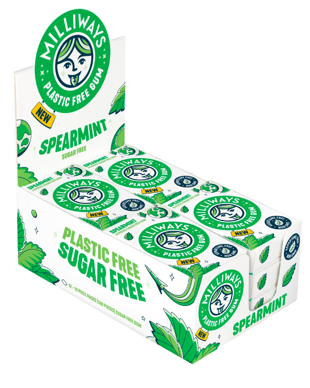Milliways Spearmint Gum back shows ingredients and allergen-free features.