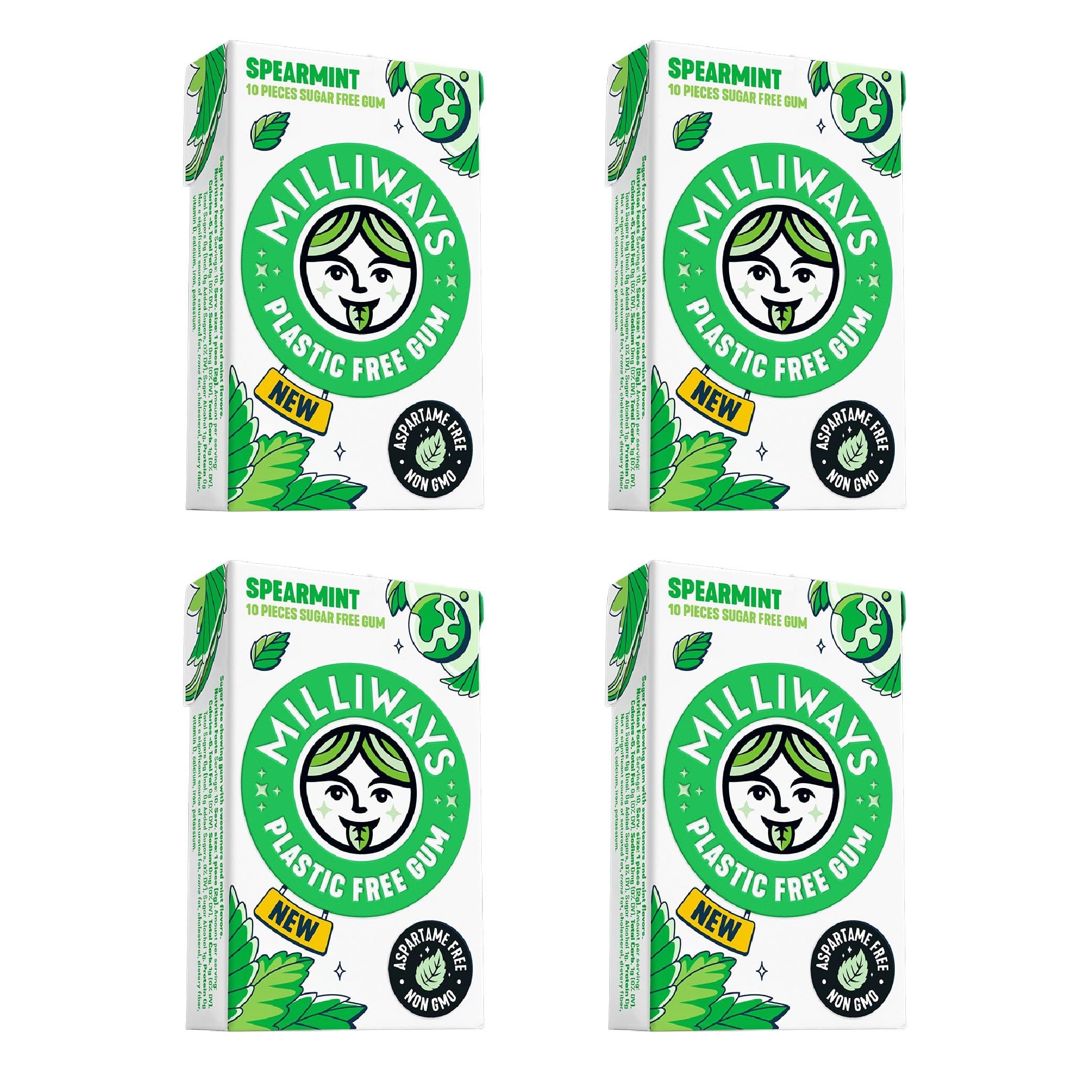 Milliways Spearmint Gum pack front with plastic-free packaging and fresh breath promise.