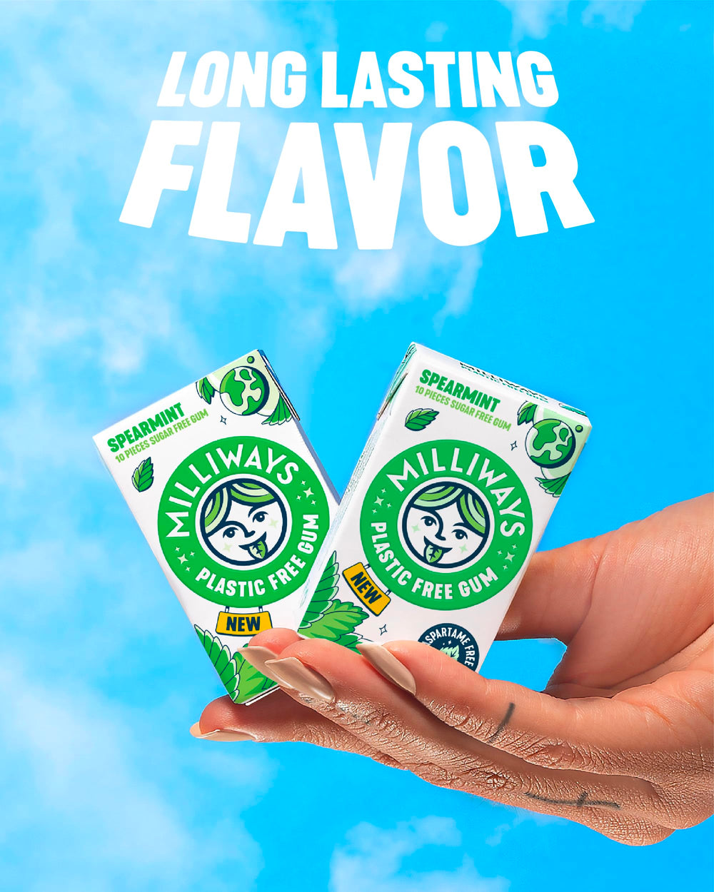 Milliways Spearmint Gum pack open showing 10 pieces for travel.
