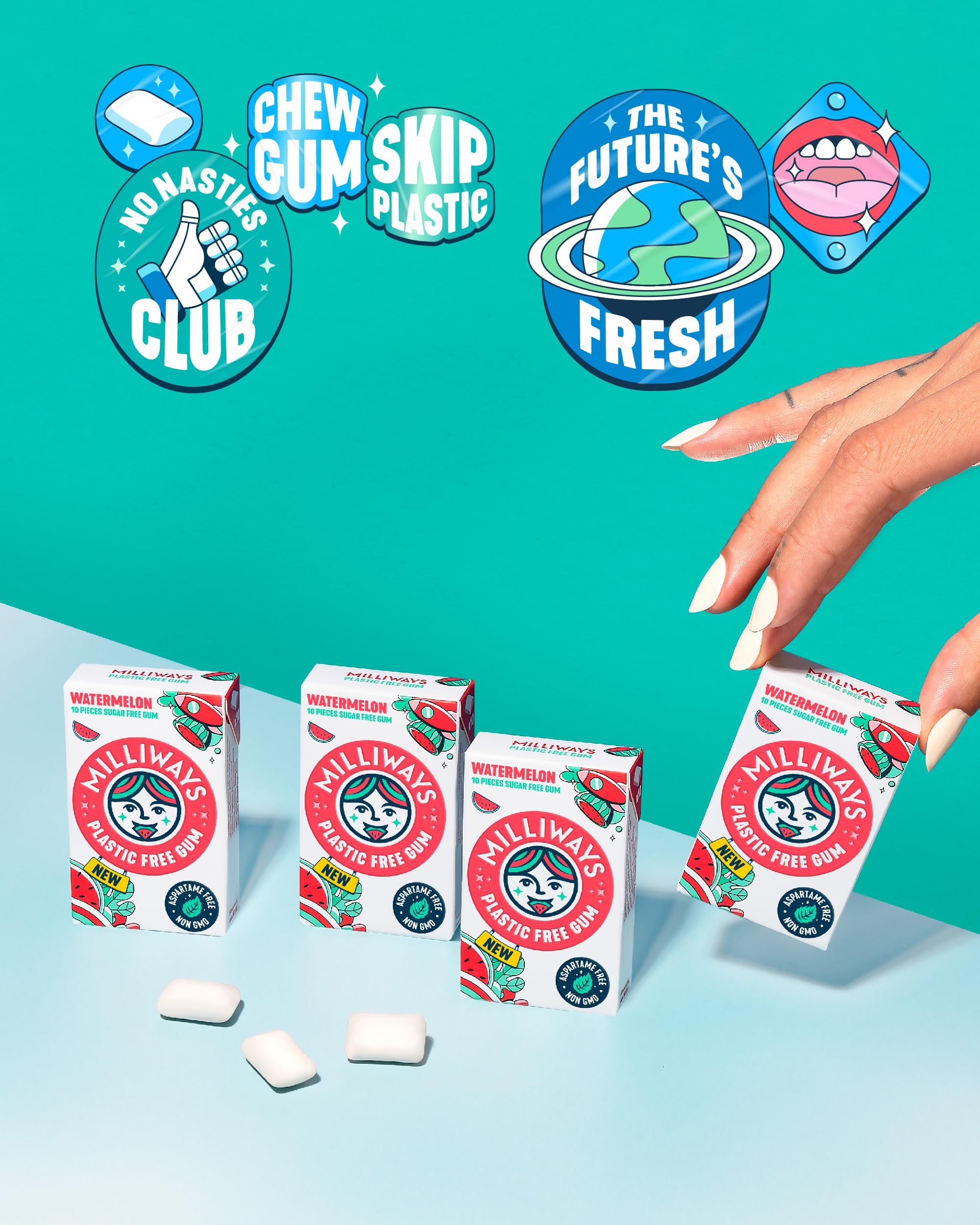 Eco-friendly, plastic-free gum base visuals highlight plant-based ingredients.