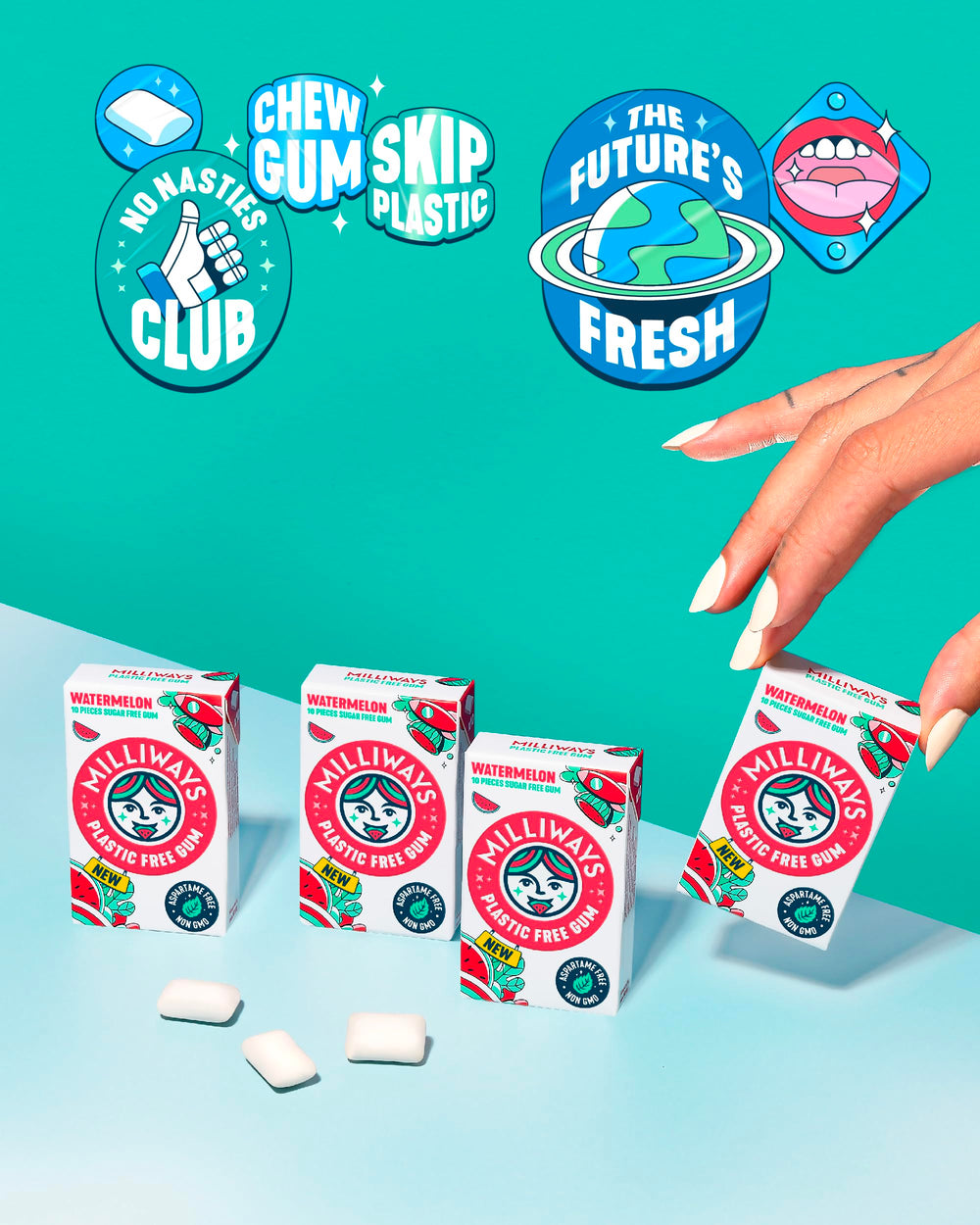 Eco-friendly, plastic-free gum base visuals highlight plant-based ingredients.