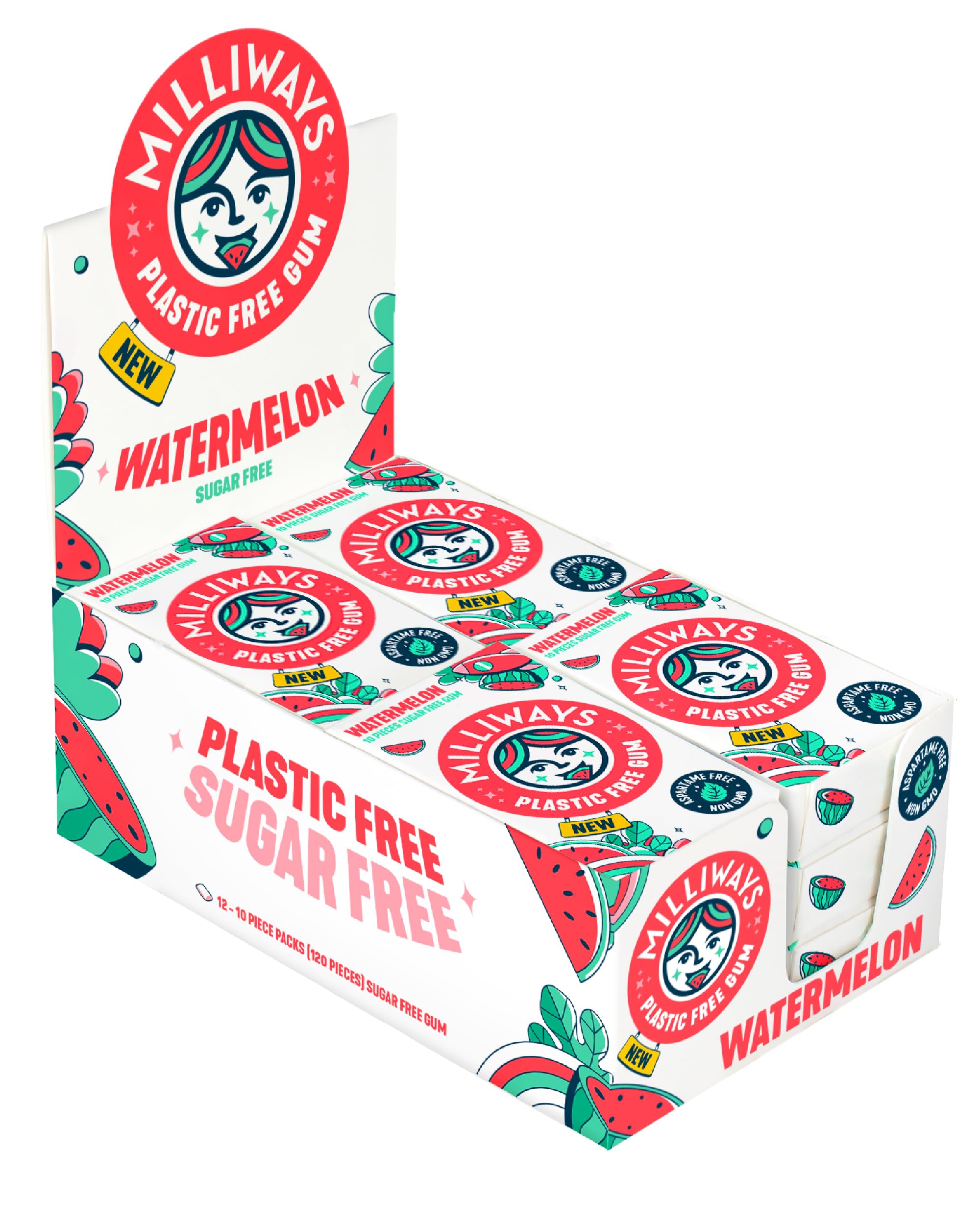 Milliways Watermelon gum packaging shows a plastic-free design for eco friendly snacking.