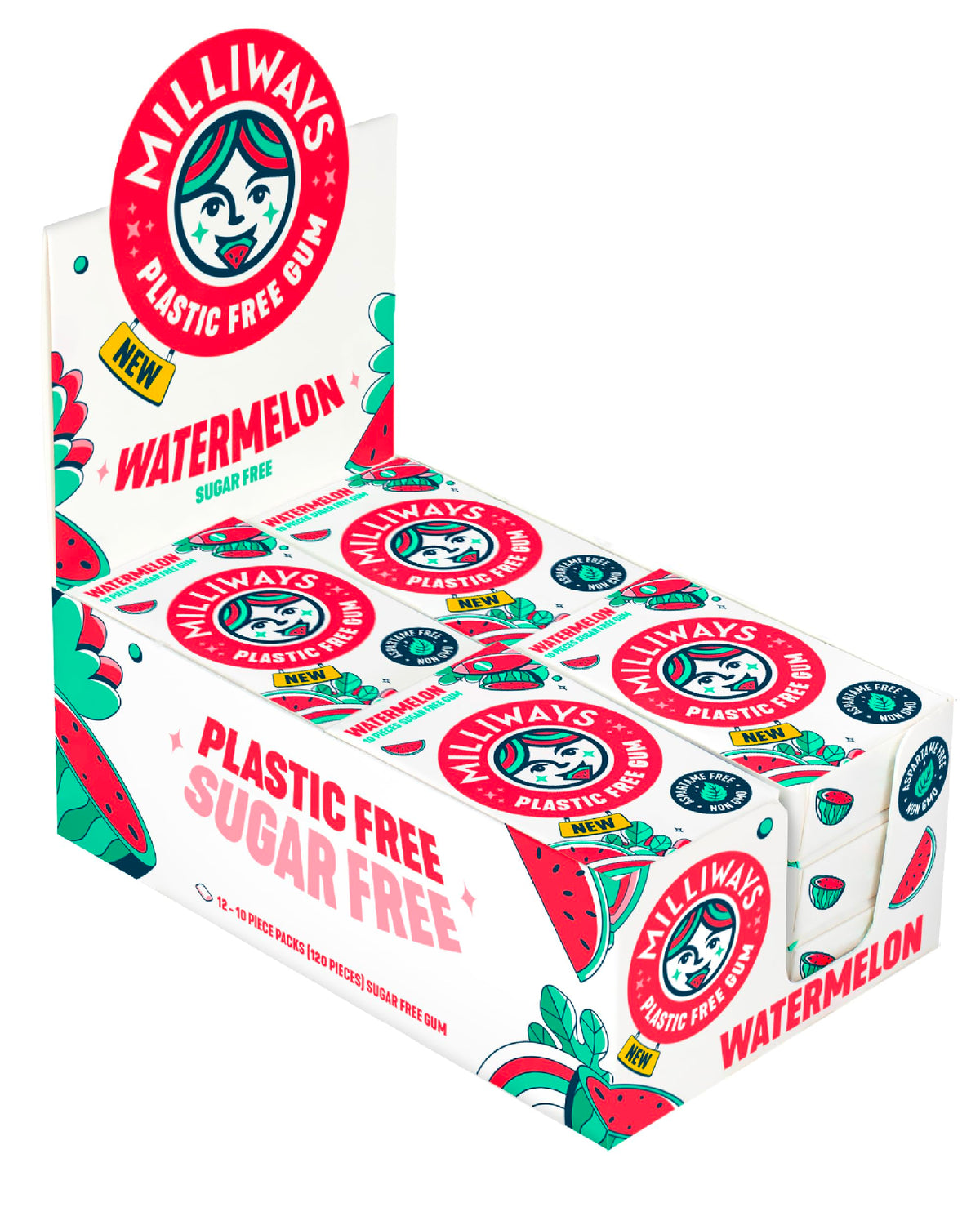 Milliways Watermelon gum packaging shows a plastic-free design for eco friendly snacking.