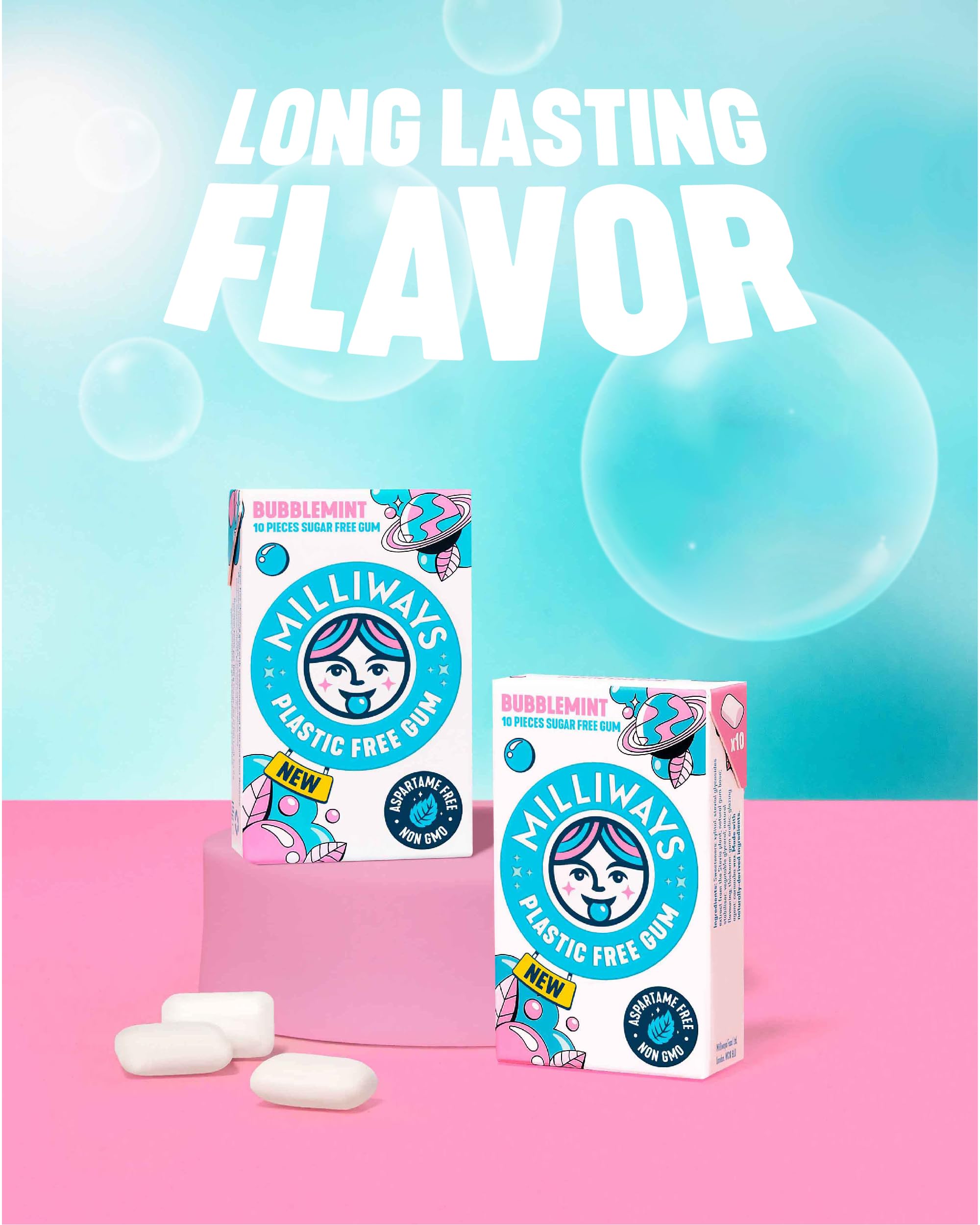 Milliways Bubblemint plant-based gum base highlights clean, plant-forward ingredients for mindful snacking.