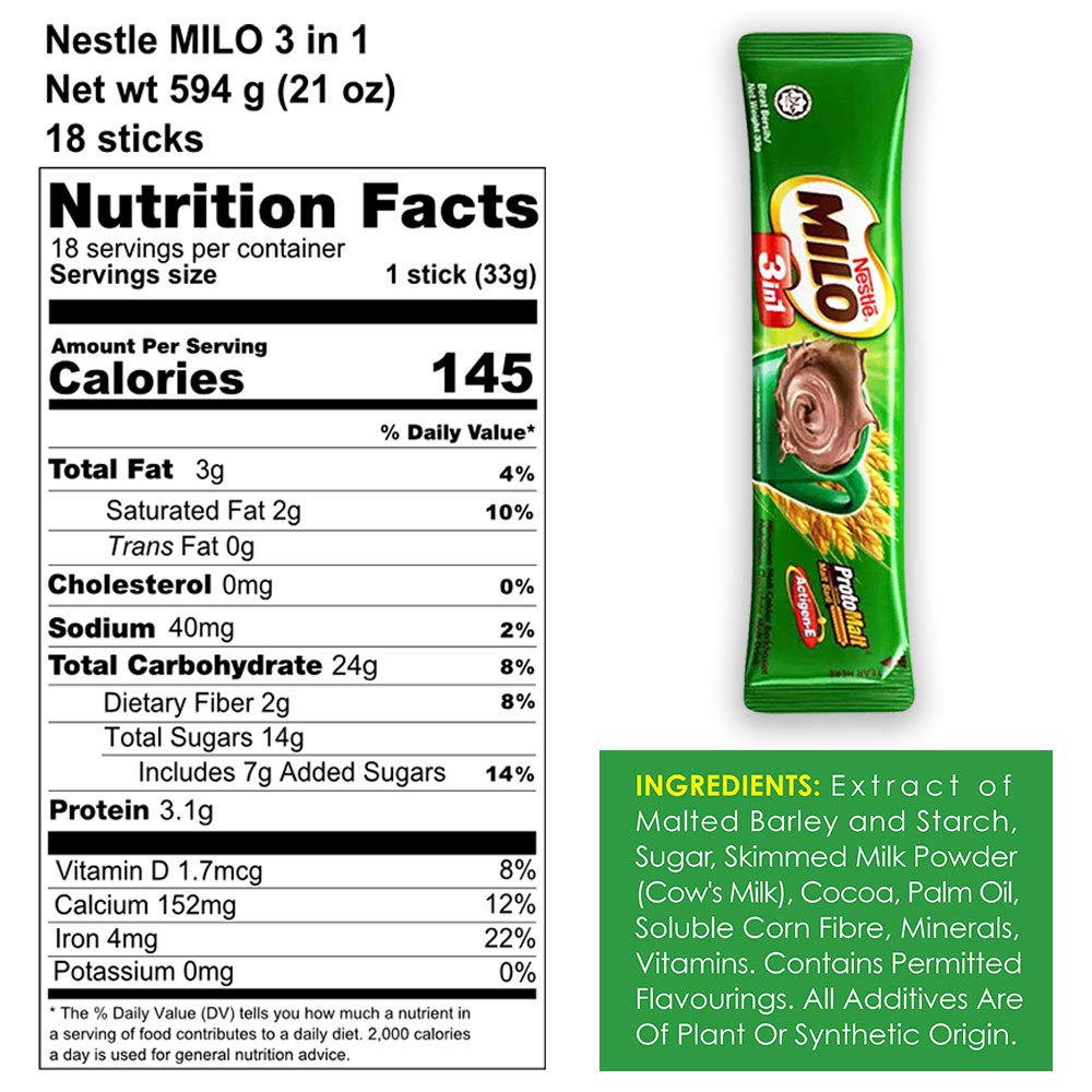 MILO 3-in-1 imported from Malaysia label, premium quality.