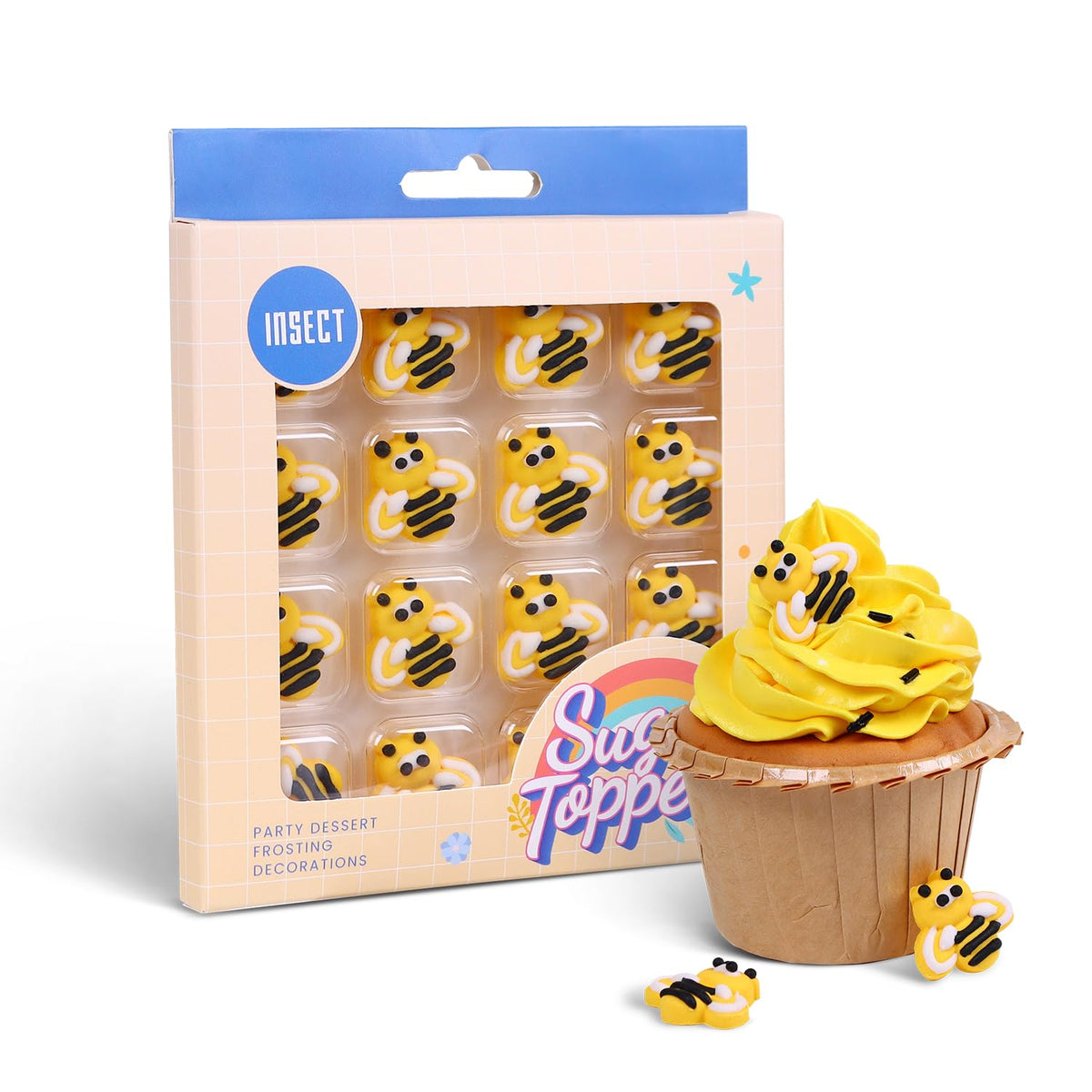 Milovin edible bees cake decorations in a protective box for mess-free baking.