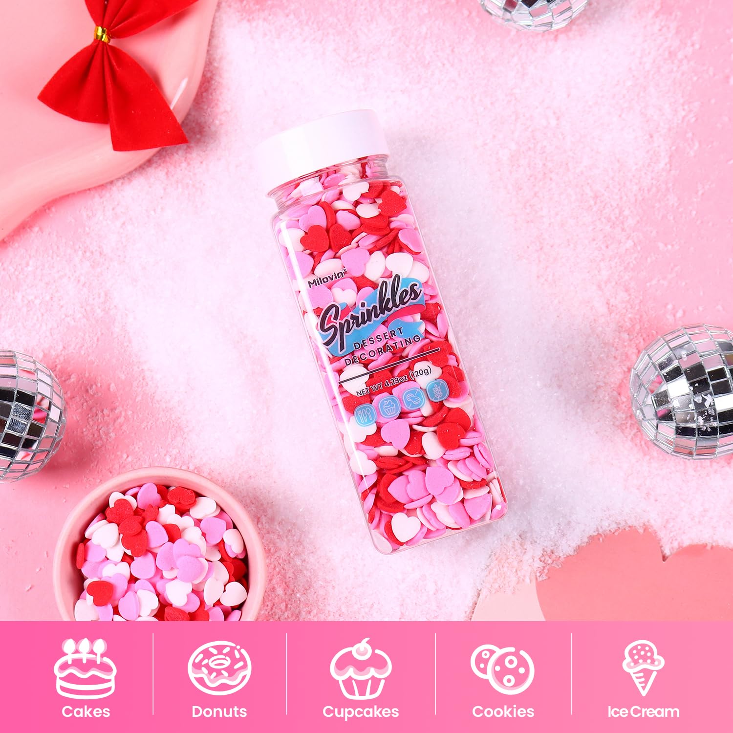 Milovin heart sprinkles used for after-baking decorating and color pop.