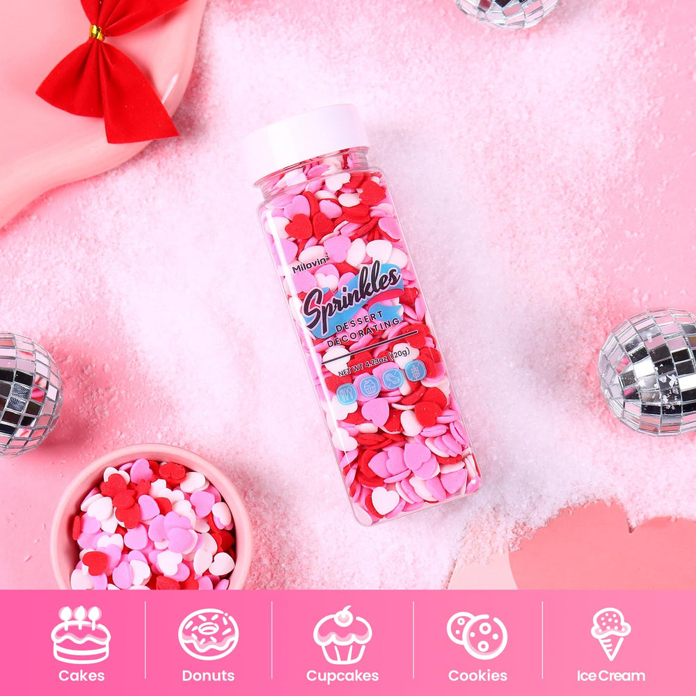 Milovin heart sprinkles used for after-baking decorating and color pop.