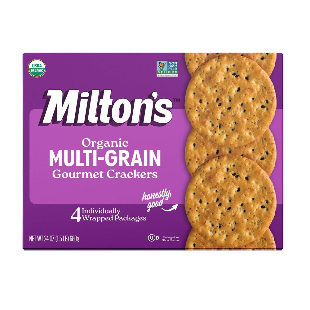 Milton's Craft Bakers Organic Multi-Grain Crackers pack shot for easy snacking.