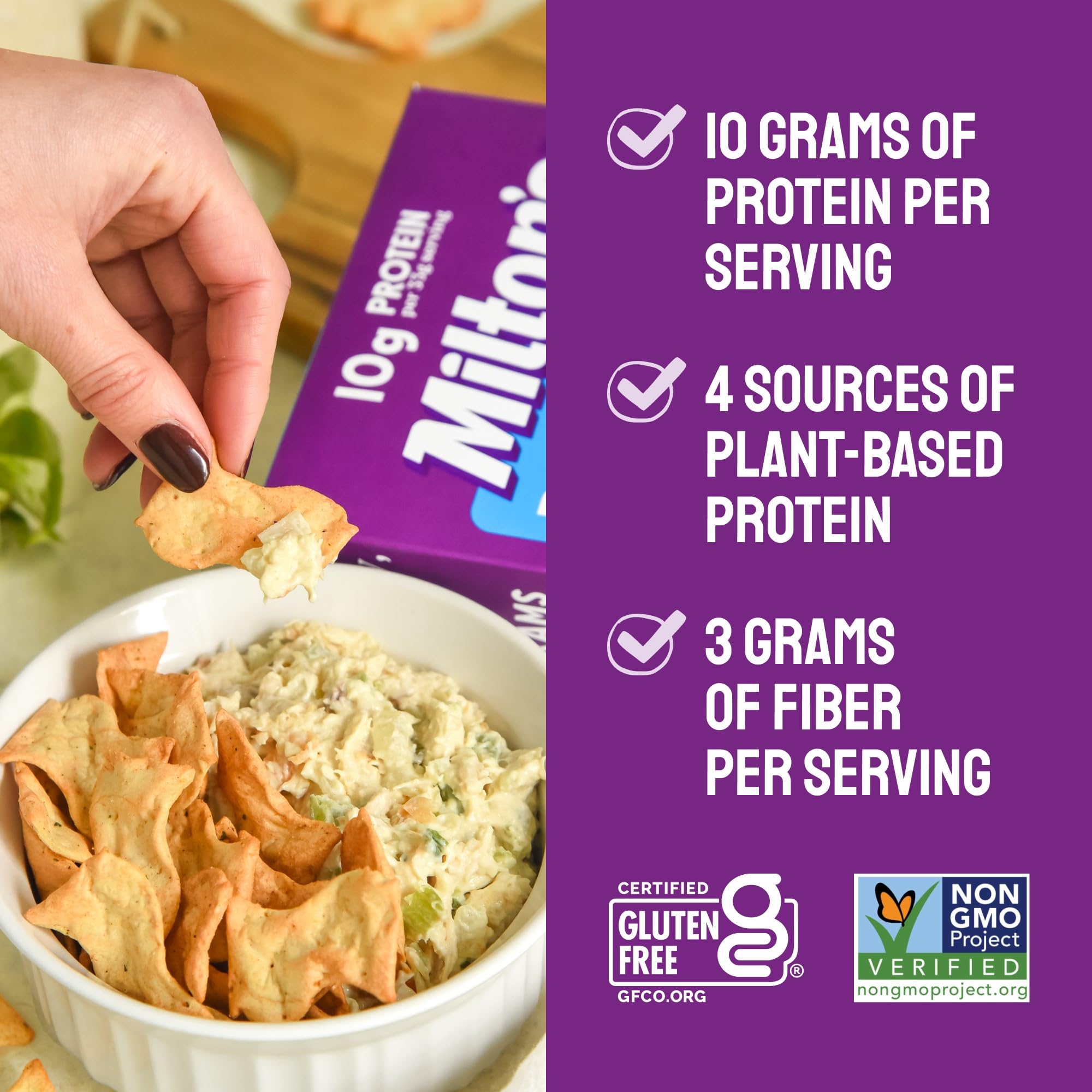 Milton's Craft Bakers Protein Crackers gluten-free Non-GMO status supports informed choices.