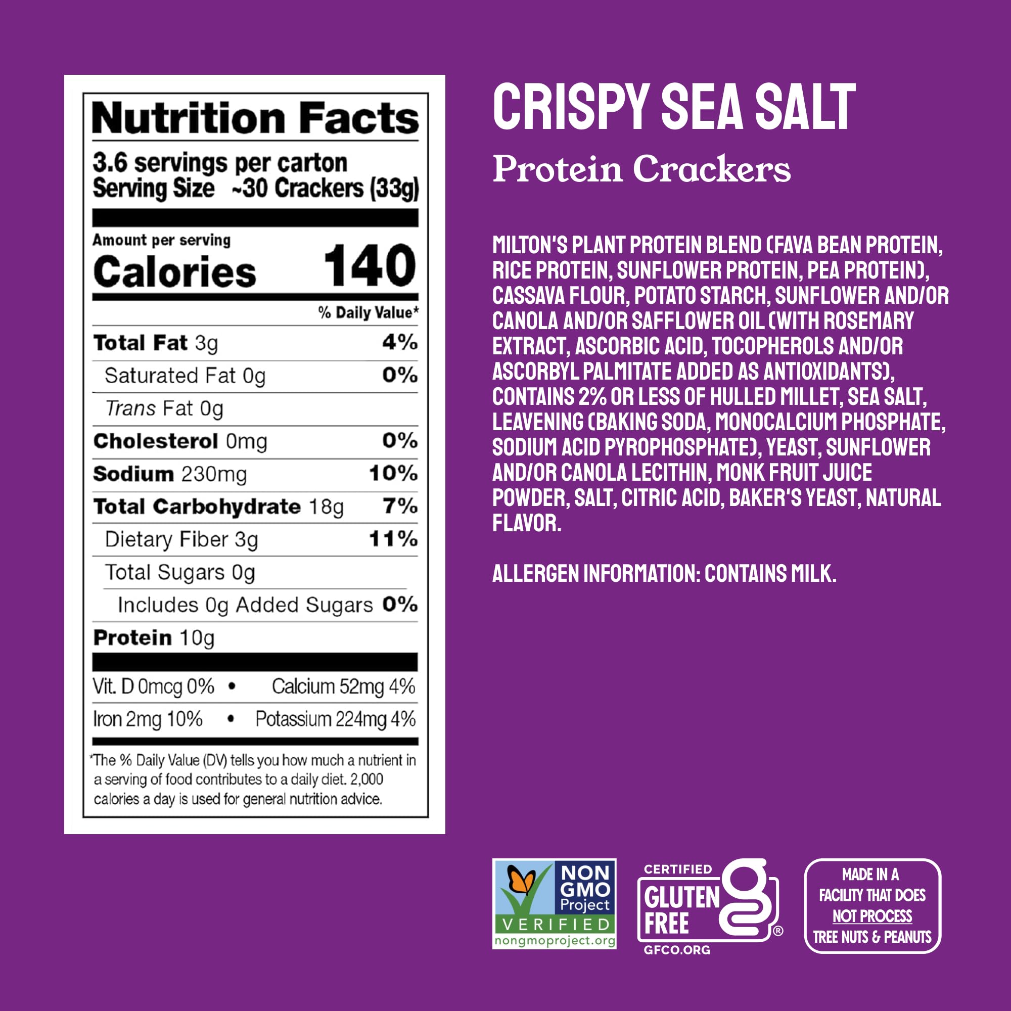 Milton's Craft Bakers Protein Crackers plant-protein blend supports satisfying daily snacking.