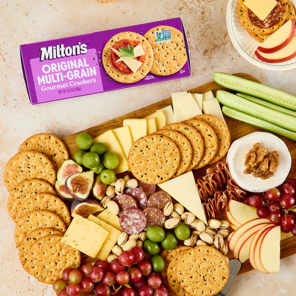 Milton's Crispy Sea Salt crackers on a serving platter, snack-ready and crowd-friendly.