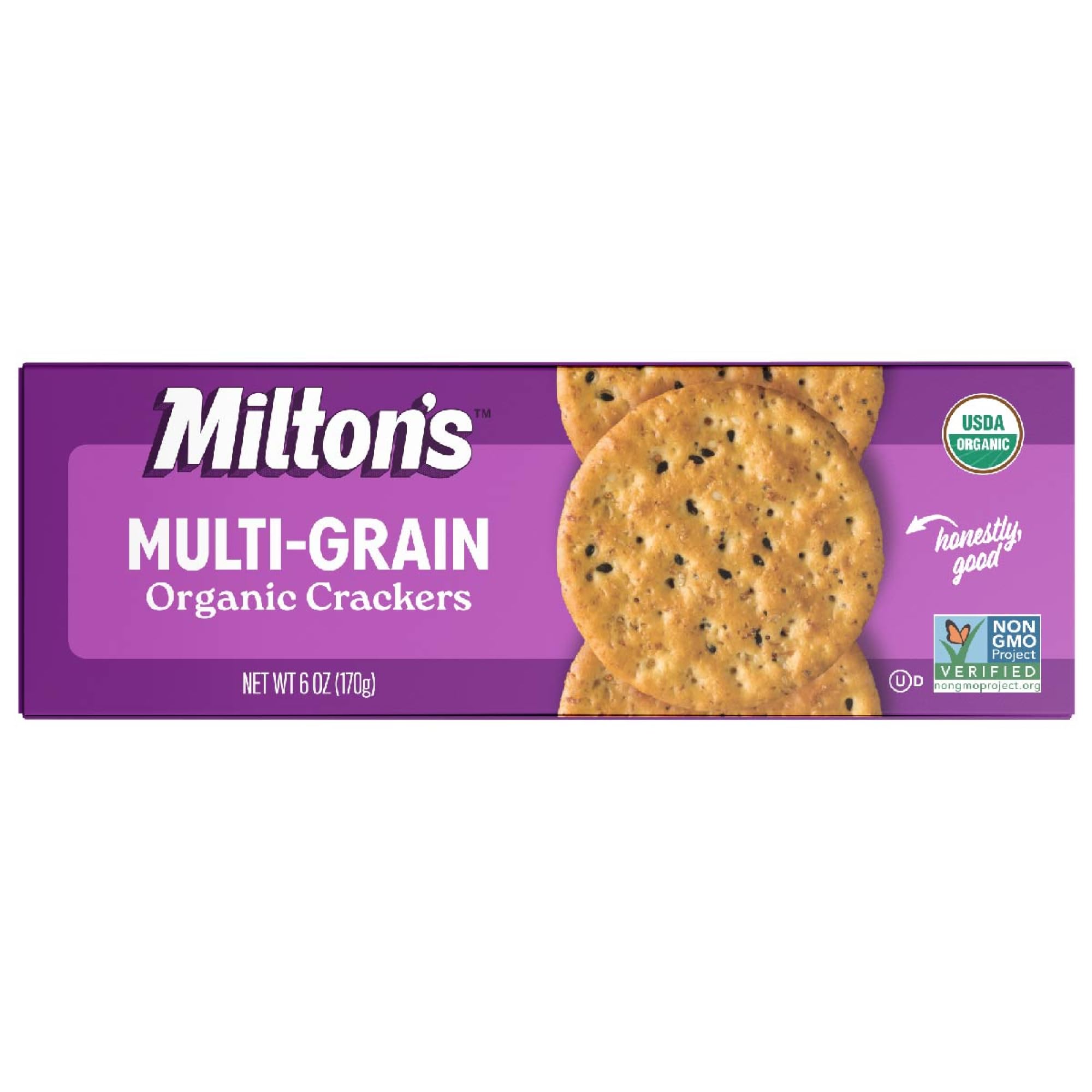 Milton's Organic Multi-Grain Crackers pack shot highlighting premium ingredients